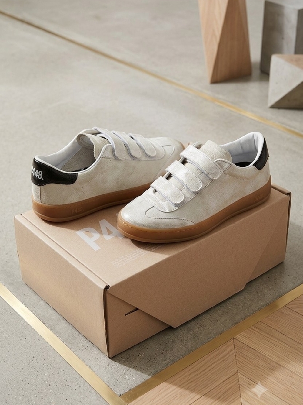 P448 Woman’s Cream Suede Sneakers with Gum Sole and Black Heel Tab